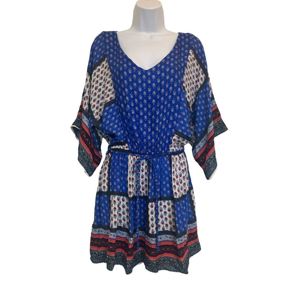 American‎ Eagle Blue Red Patchwork Print Mini Dress XS Boho Festival Rodeo NWT